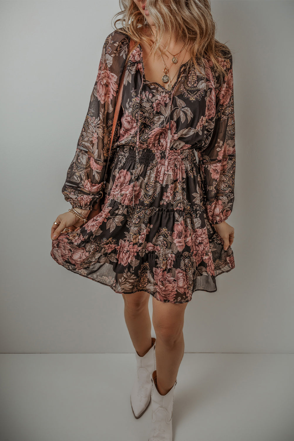 Black Vintage Floral Puff Sleeve V Neck Smock Waist Dress - Scarlett's Riverside Boutique 