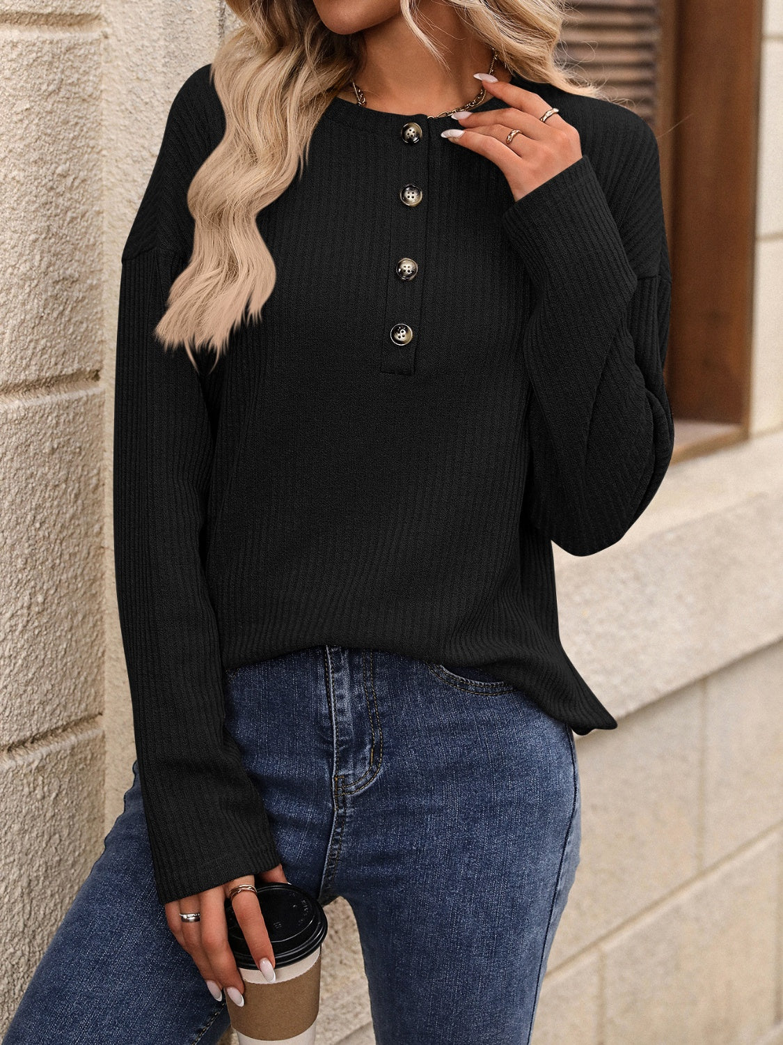 Half Button Long Sleeve T-Shirt - Scarlett's Riverside Boutique 