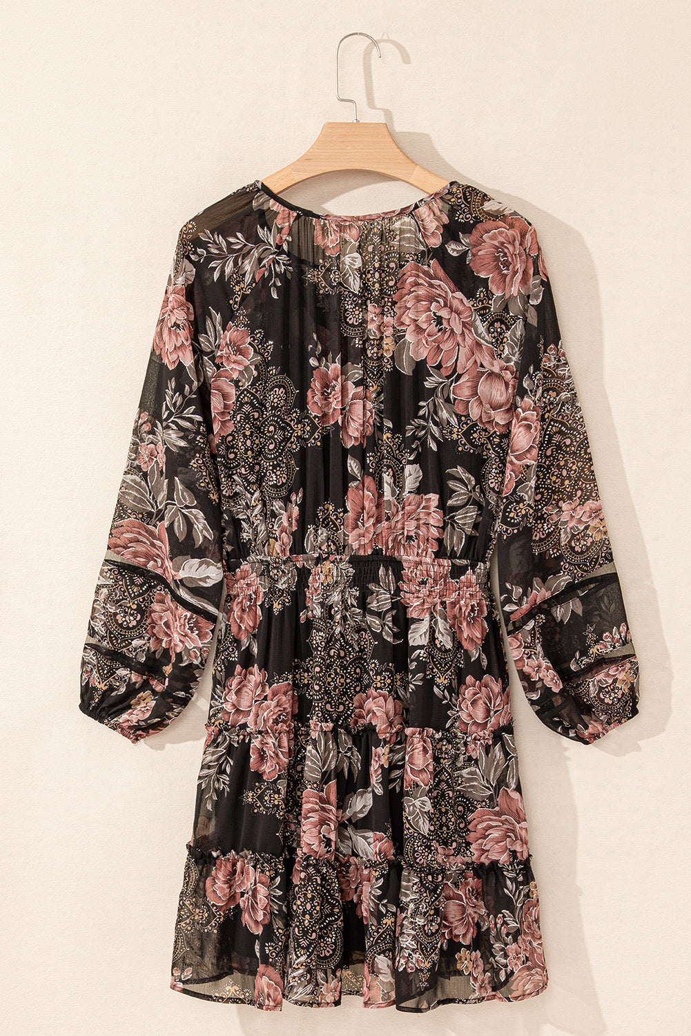 Black Vintage Floral Puff Sleeve V Neck Smock Waist Dress - Scarlett's Riverside Boutique 