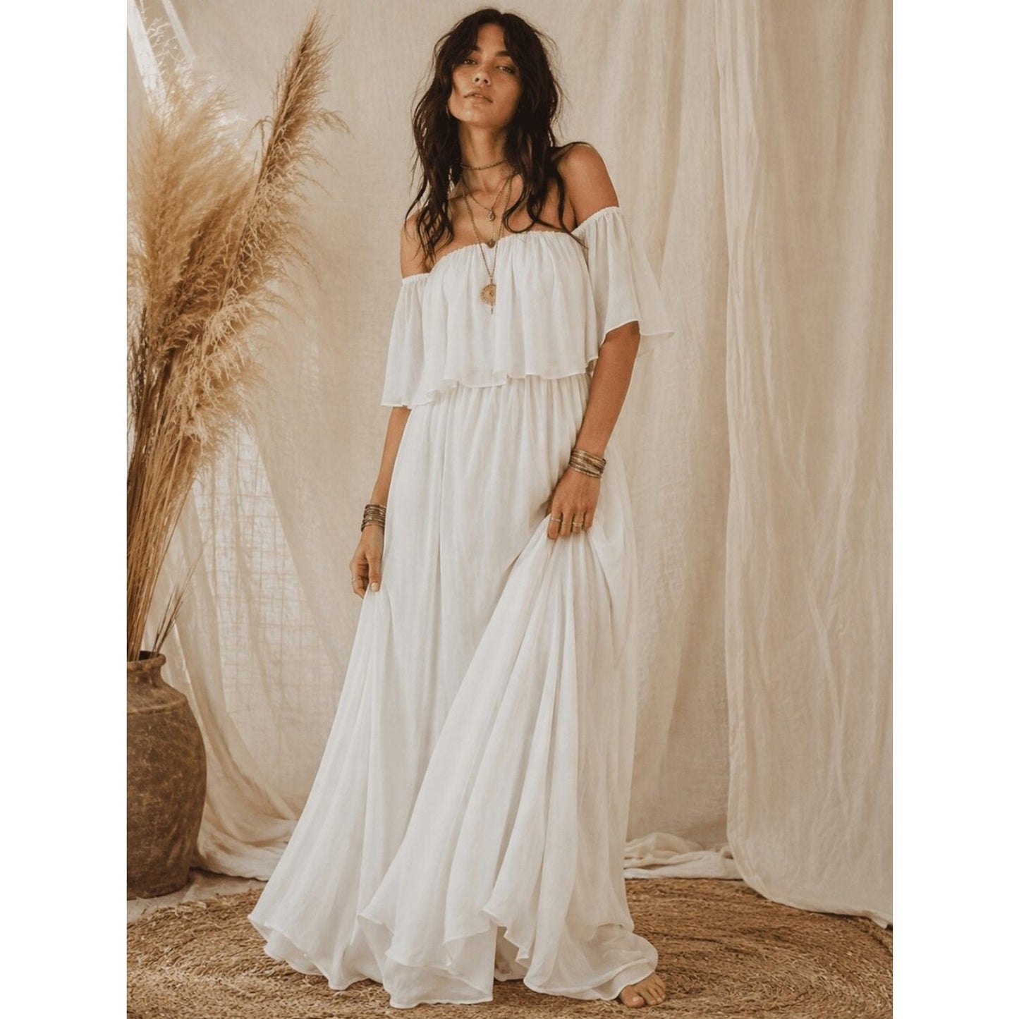 White Boho Off Shoulder Maxi Dress Flowy Ruffle Beach Wedding Bridal Dress