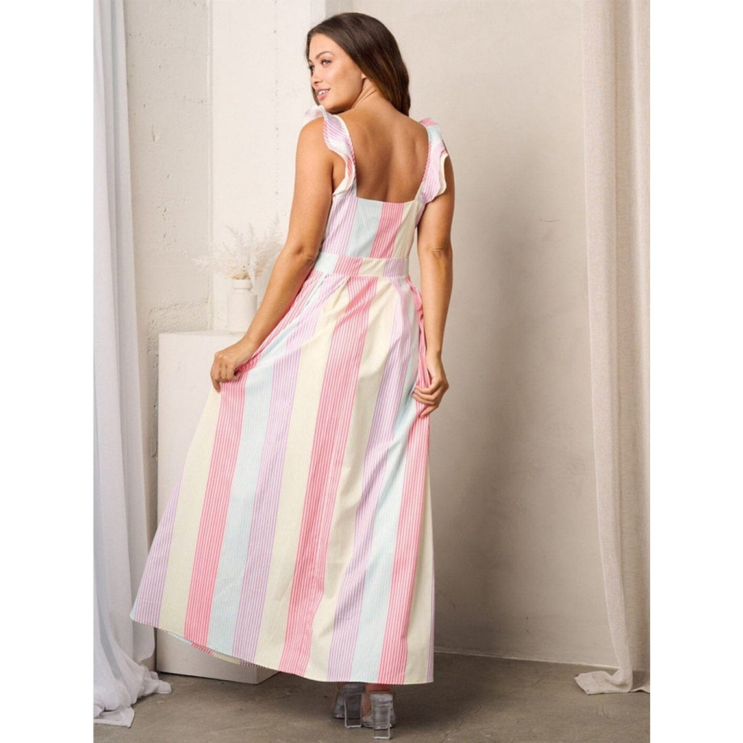 Pastel Stripe Ruffle Strap Maxi Dress – Spring Summer Flowing Dress
