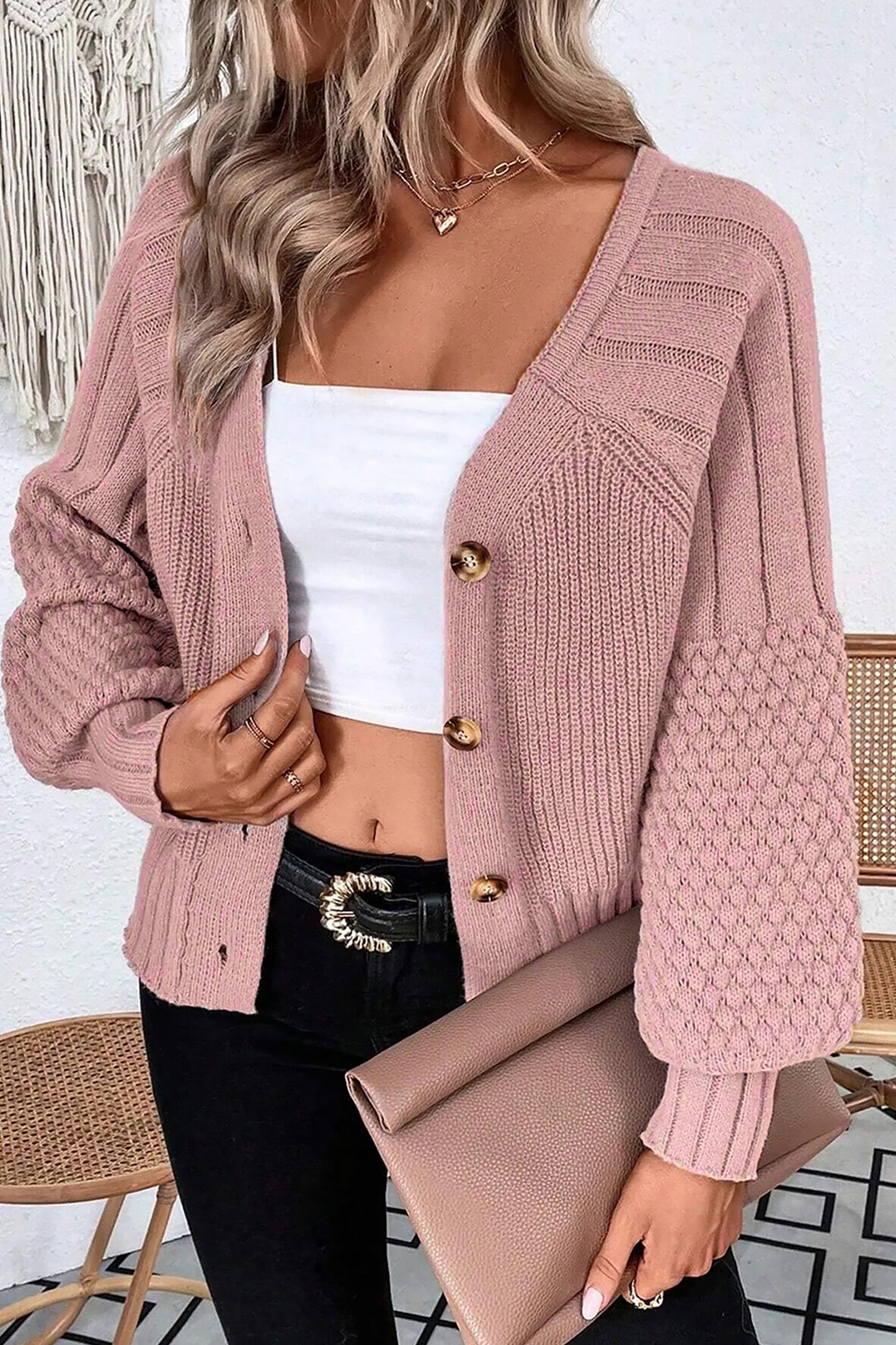 Soft Taupe Balloon-Sleeve Button Cardigan ✨