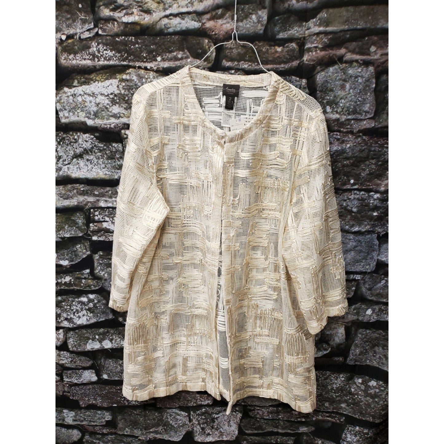 Chico’s Gold Cream Mesh Jacket Size 2 L Sheer Open Front Blazer Lightweight