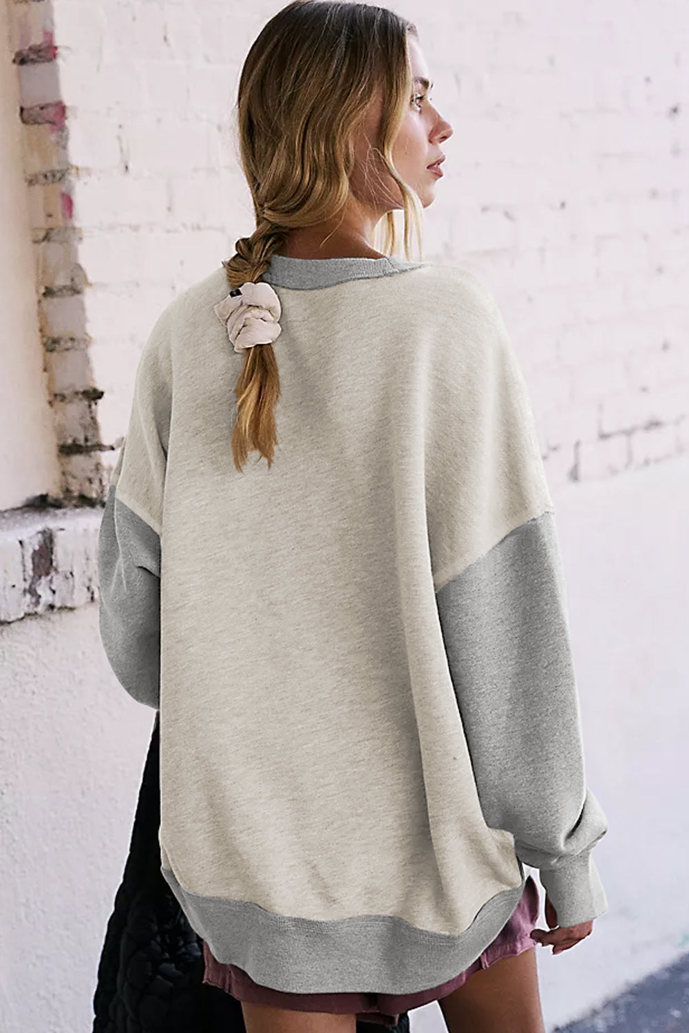 Light Grey Color Block Thumbhole Sleeve Drop Shoulder Sweatshirt - Scarlett's Riverside Boutique 