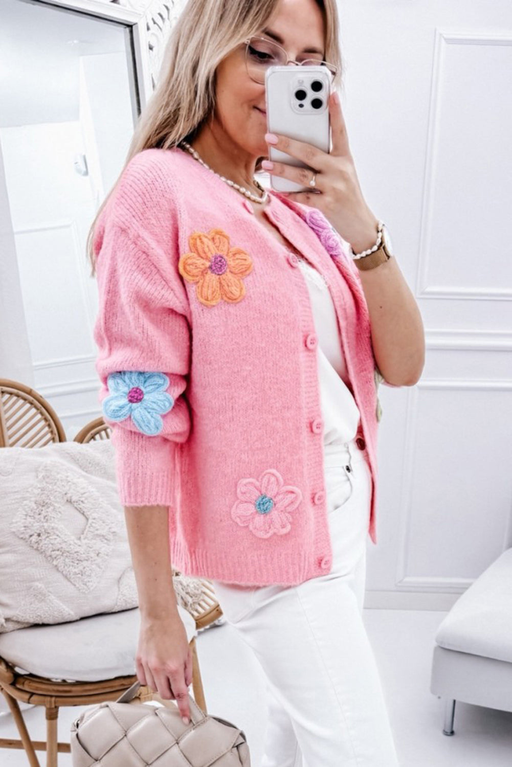 Pink Cute Knitted Floral Pattern Button Up Cardigan - Scarlett's Riverside Boutique 