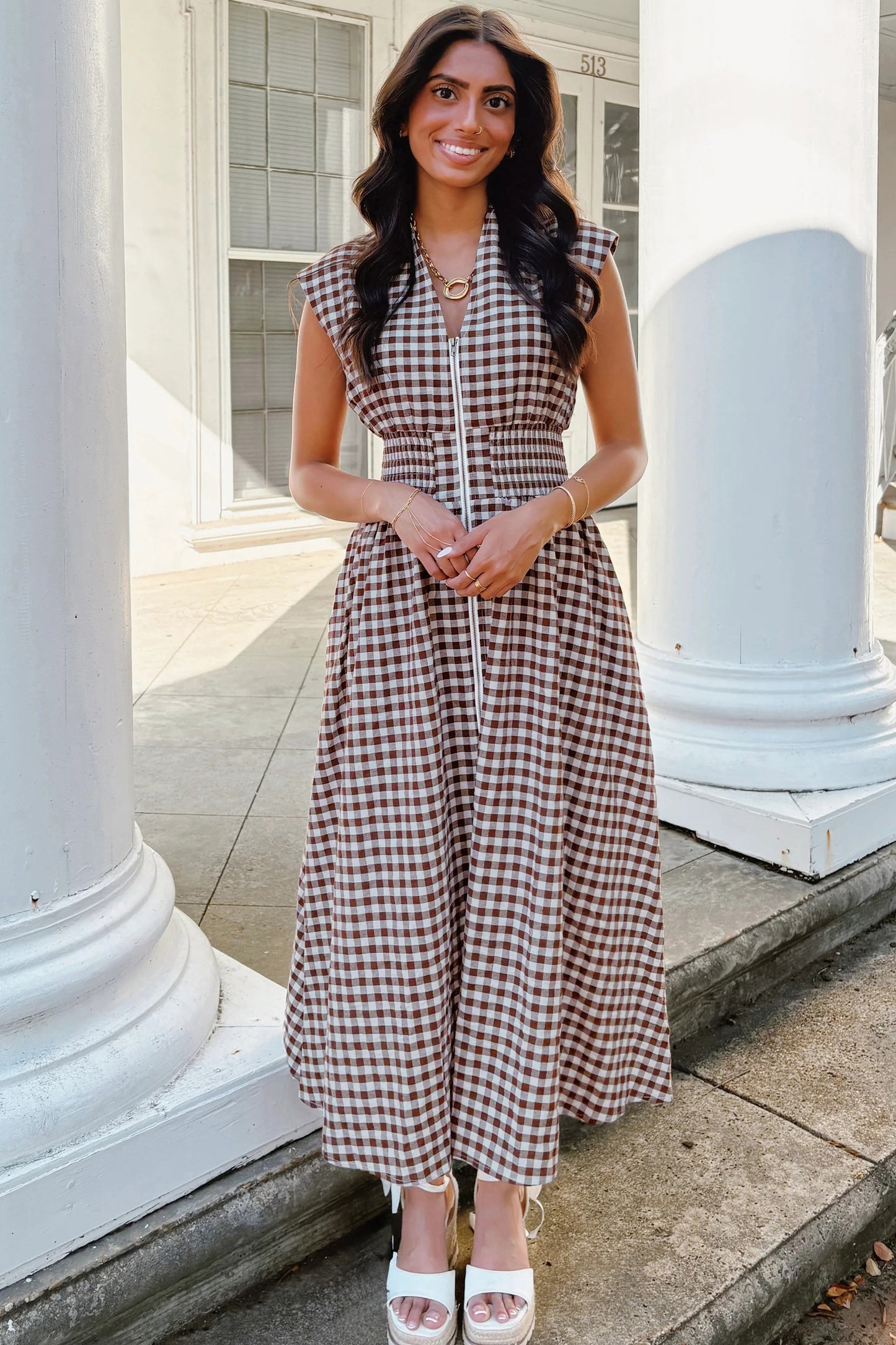 Brown Gingham Zip Front Midi Dress – Smocked Waist Sleeveless Plaid Summer Dress with Pockets