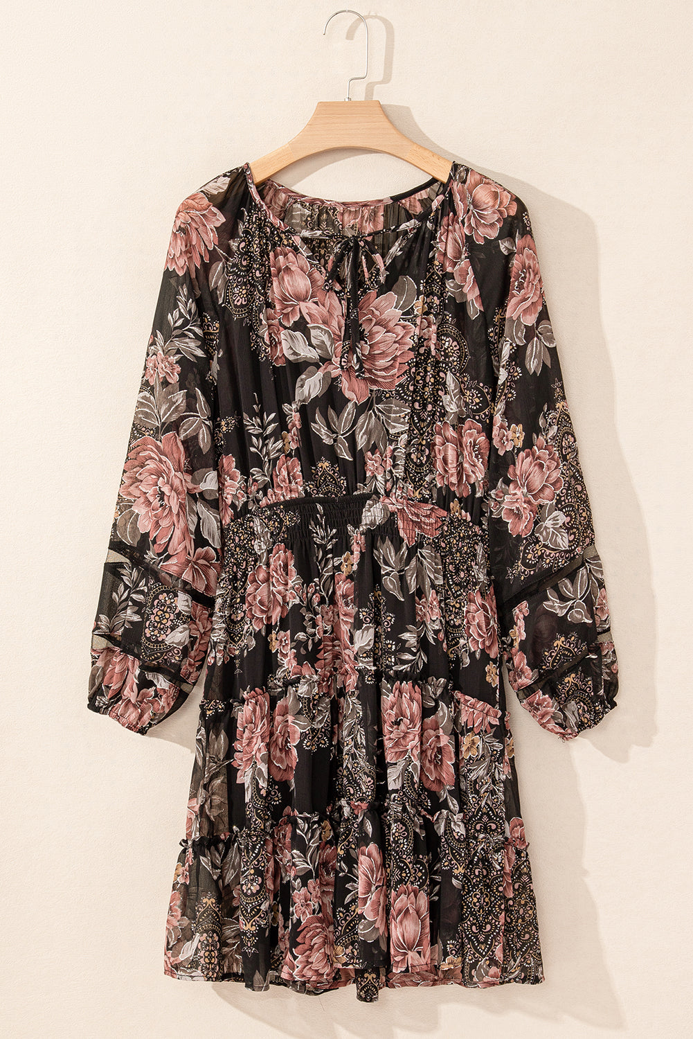 Black Vintage Floral Puff Sleeve V Neck Smock Waist Dress - Scarlett's Riverside Boutique 