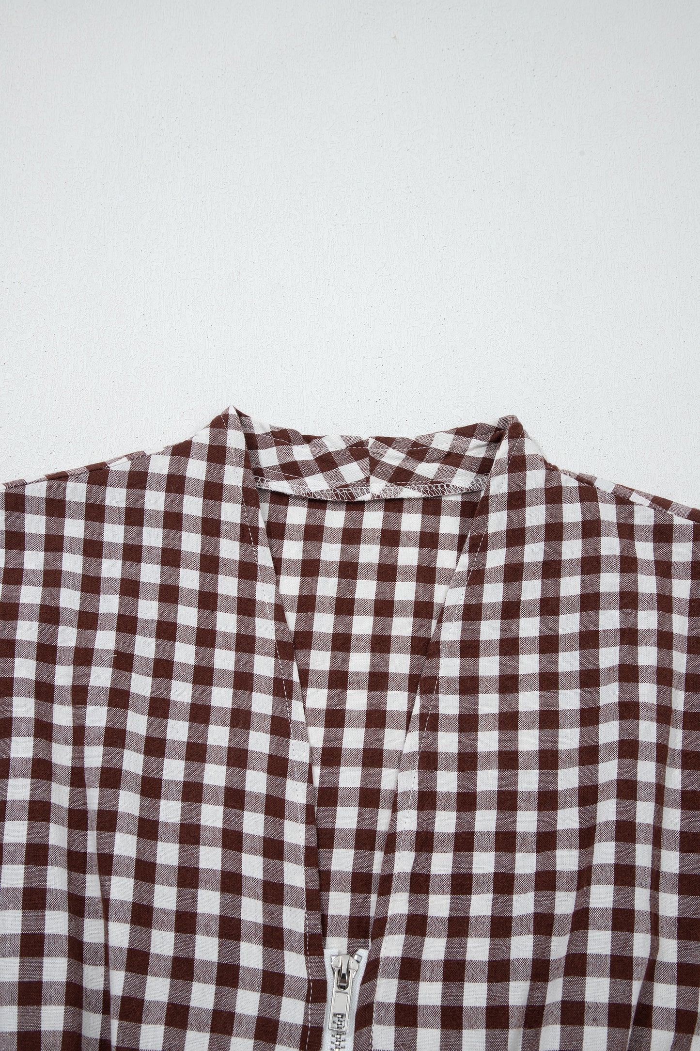 Brown Gingham Zip Front Midi Dress – Smocked Waist Sleeveless Plaid Summer Dress with Pockets