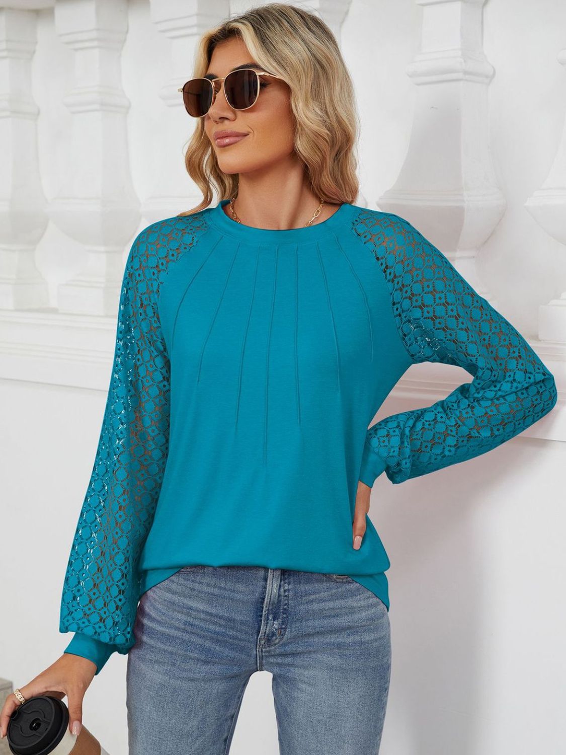 Round Neck Lace Long Sleeve Top - Scarlett's Riverside Boutique 