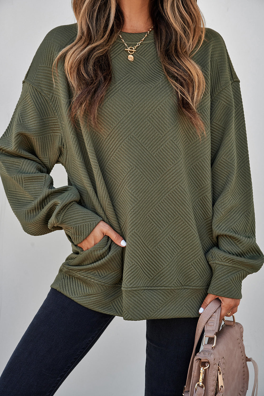 Black Solid Color Textured Round Neck Drop Shoulder Pullover Sweatshirt