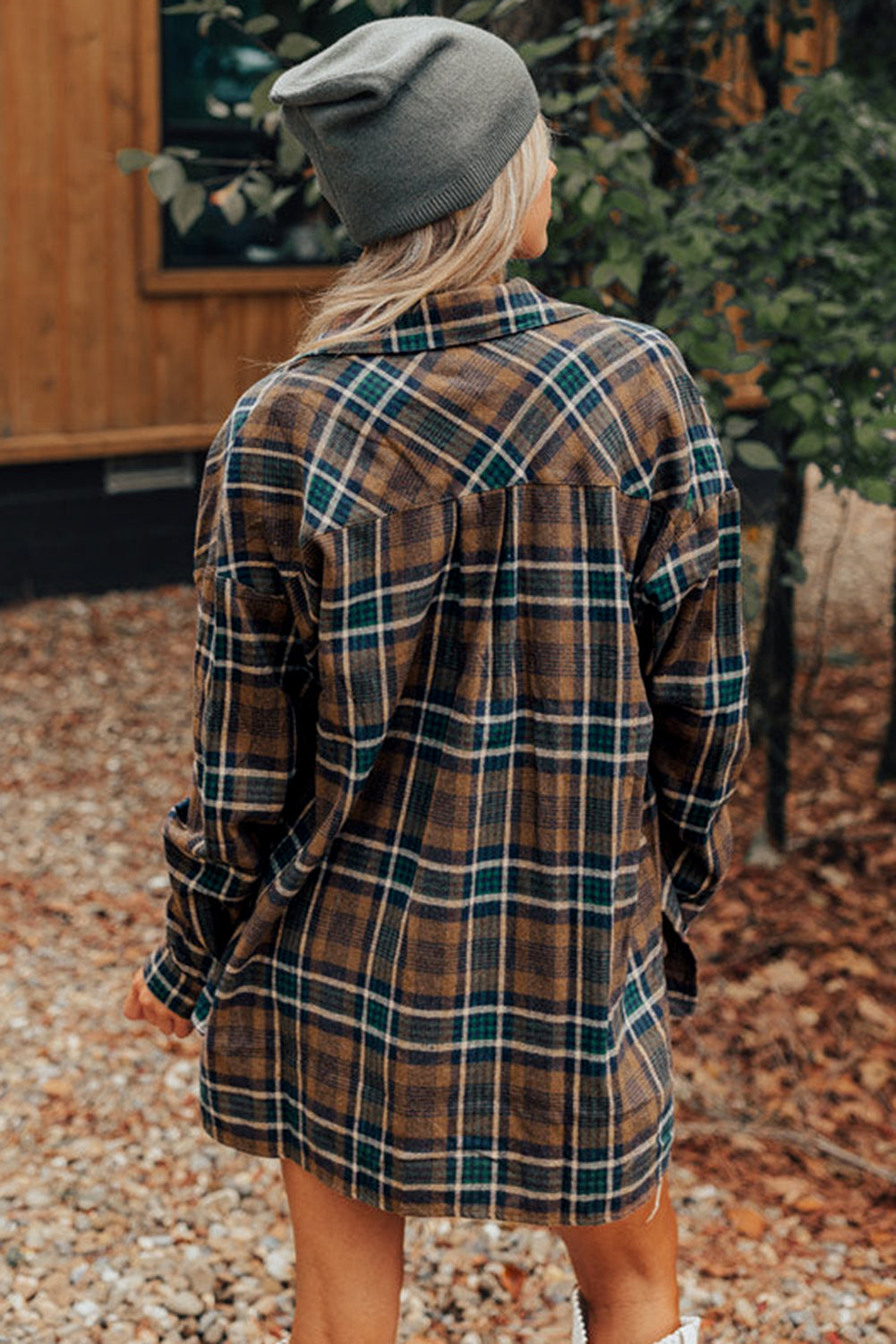 Brown Plaid Print Chest Pockets Buttoned Shirt Jacket - Scarlett's Riverside Boutique 