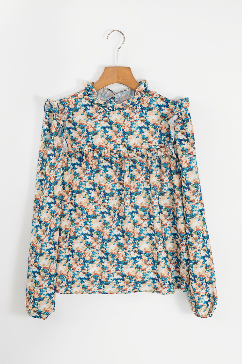 Sky Blue Floral Print Frilled Mock Neck Puff Sleeve Blouse - Scarlett's Riverside Boutique 