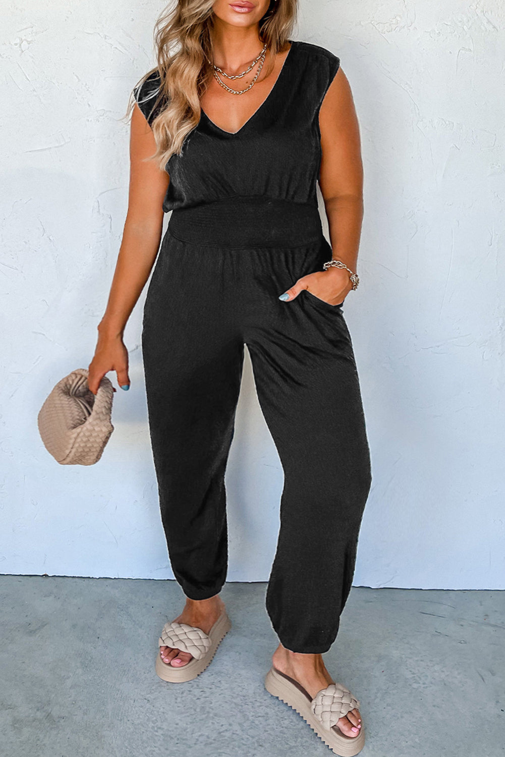 Black Plus Smocked High Waist Sleeveless V Neck Jumpsuit - Scarlett's Riverside Boutique 