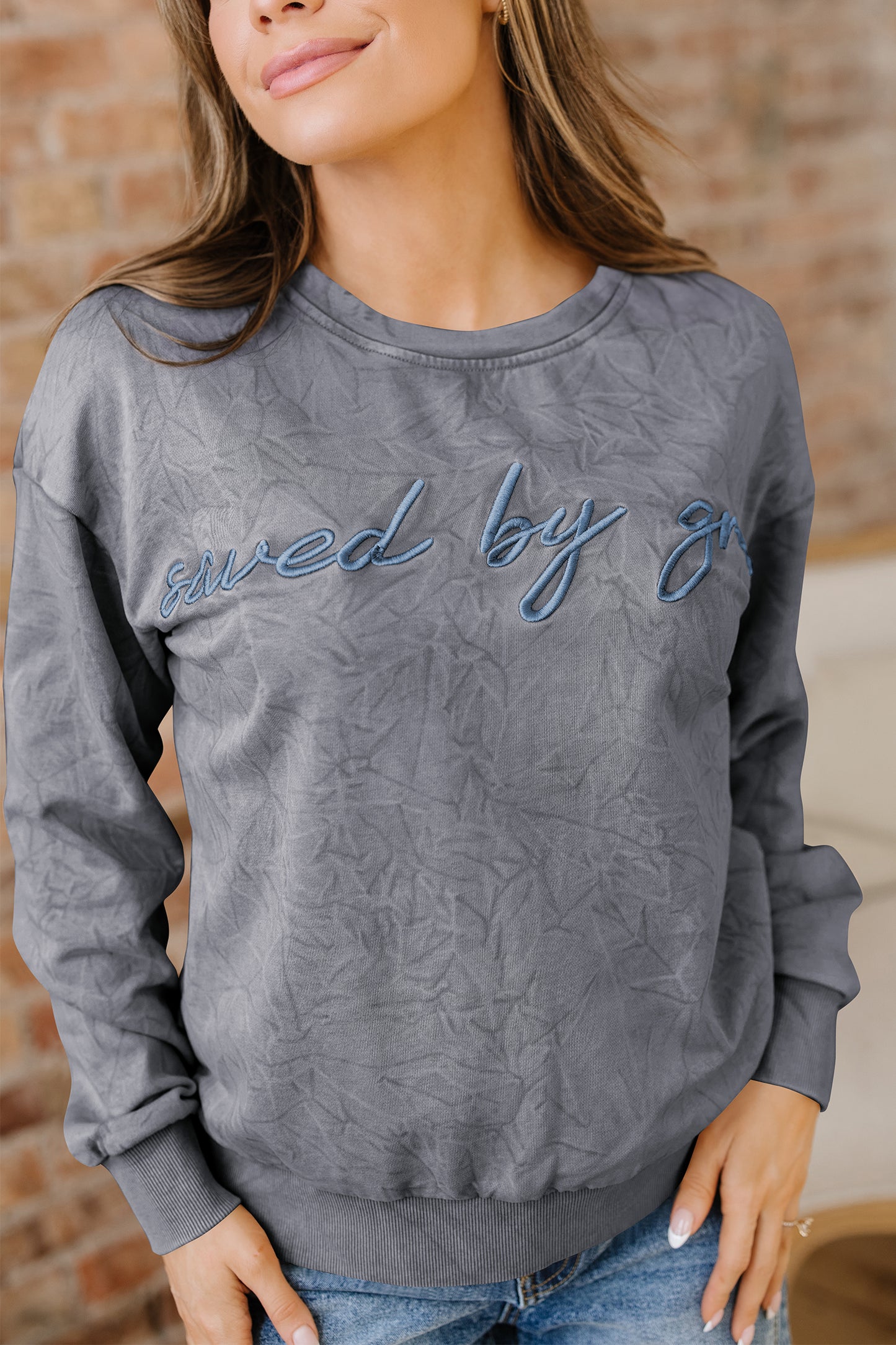 Mineral Red saved by grace Letter Embroidery Mineral Wash Loose Sweatshirt
