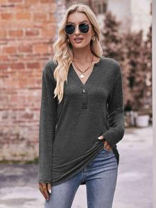 Double Take Buttoned Notched Neck Long Sleeve Top Casual Womenswear Solid Comfort