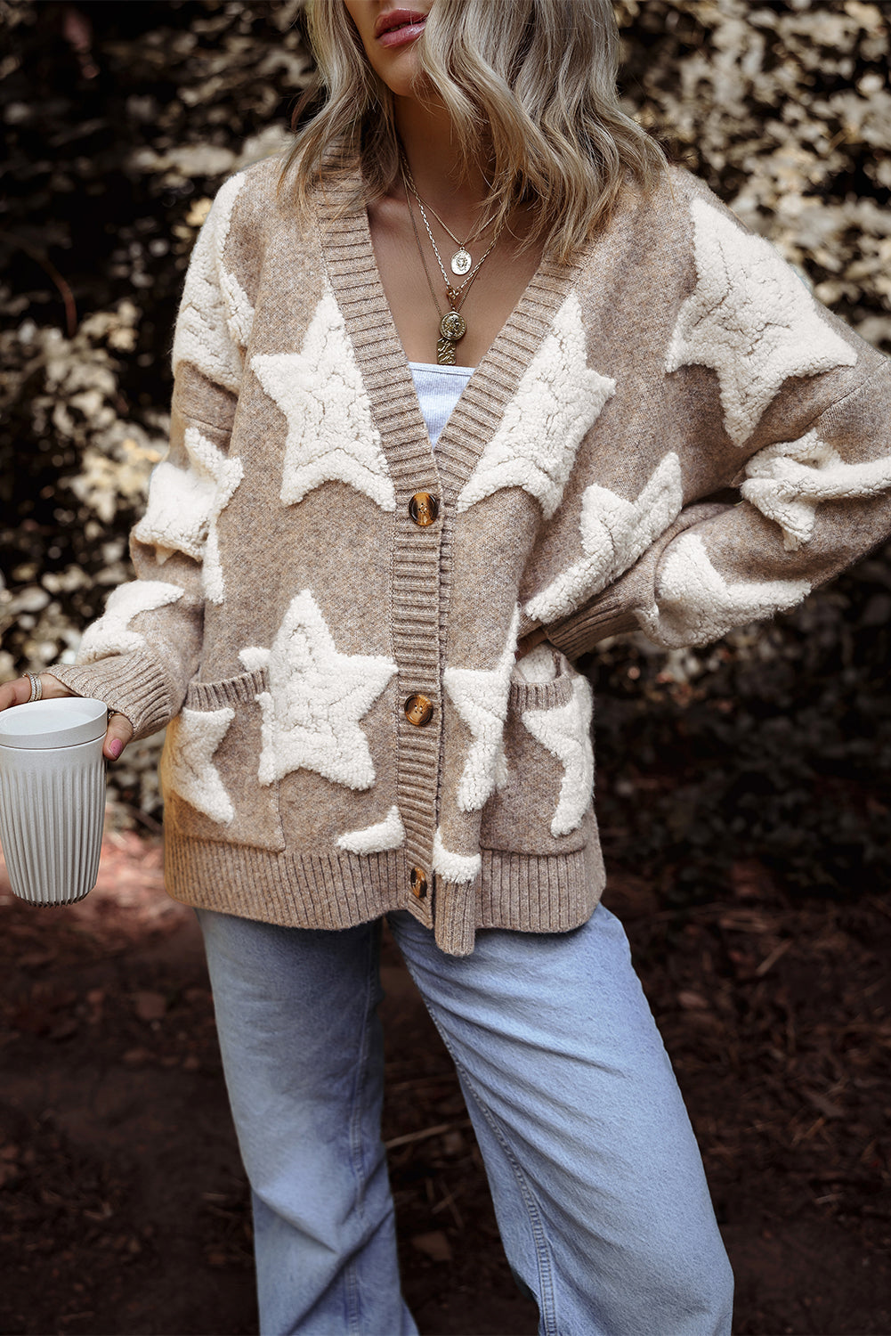 Khaki Sherpa Star Pattern Textured Sweater Cardigan with Pockets - Scarlett's Riverside Boutique 