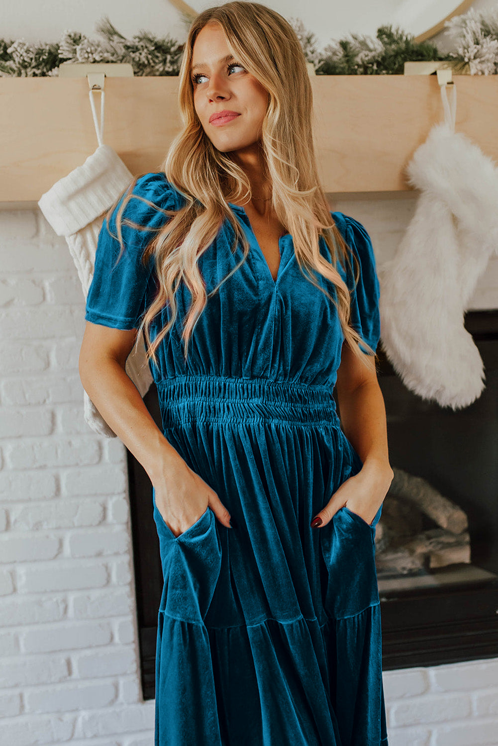 Prussian Blue Velvet Short Sleeve Shirred Waist Tiered Maxi Dress - Scarlett's Riverside Boutique 