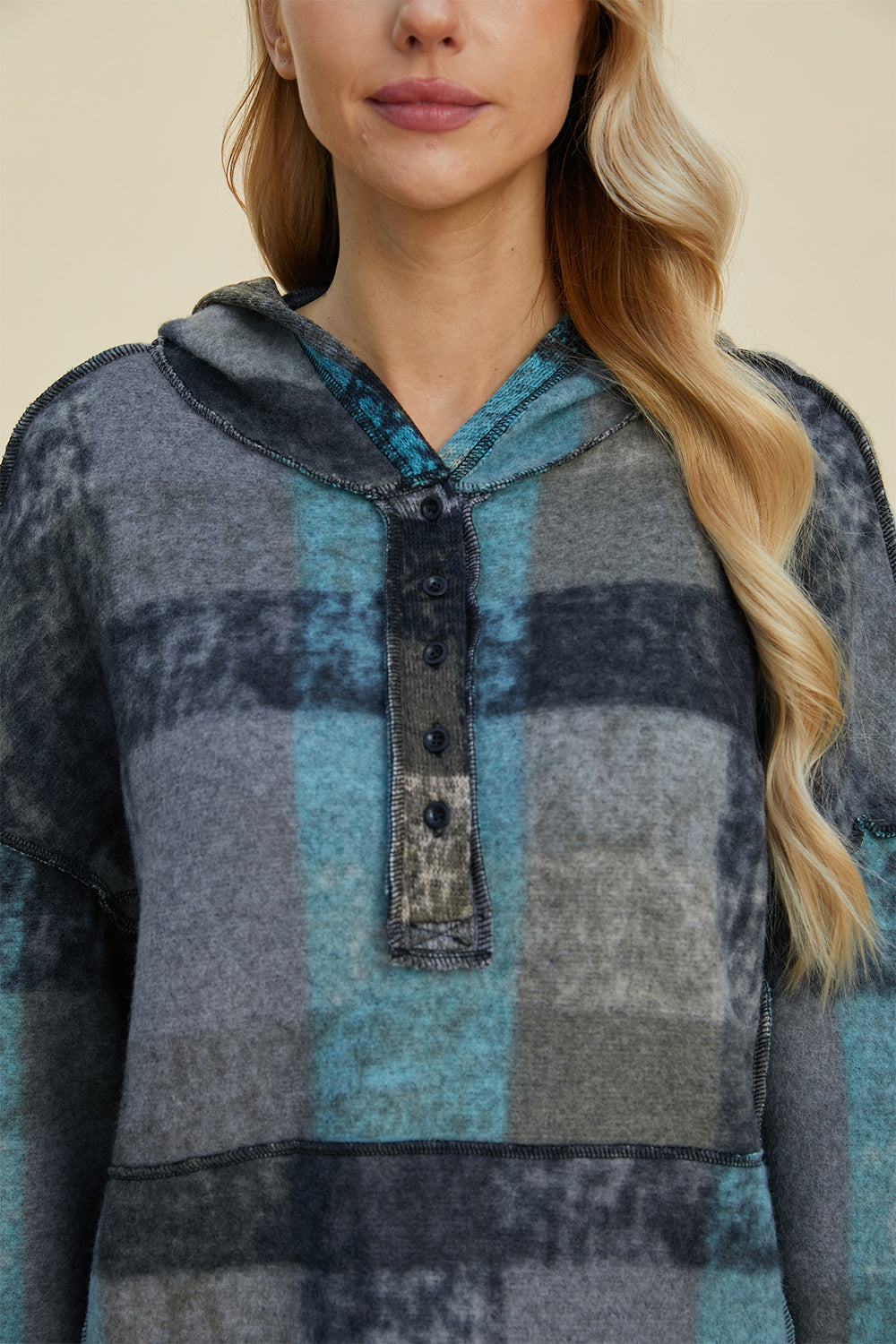 Double Take Full Size Plaid Dropped Shoulder Hoodie - Scarlett's Riverside Boutique 