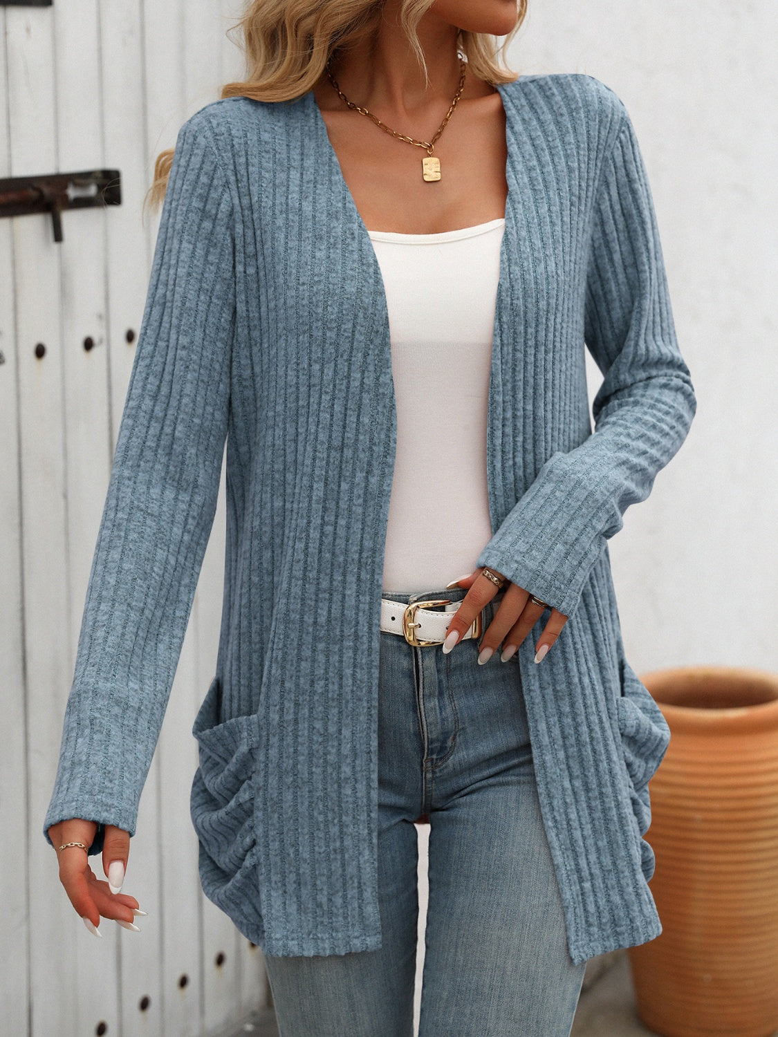 Open Front Long Sleeve Ribbed Cardigan - Scarlett's Riverside Boutique 