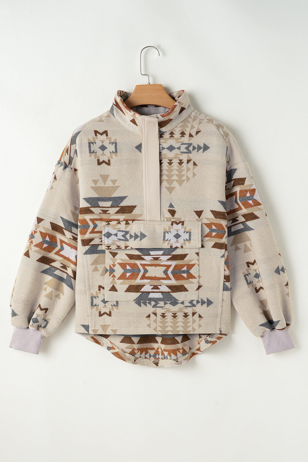 Apricot Aztec Print Collared Flap Pocket Sweatshirt - Scarlett's Riverside Boutique 