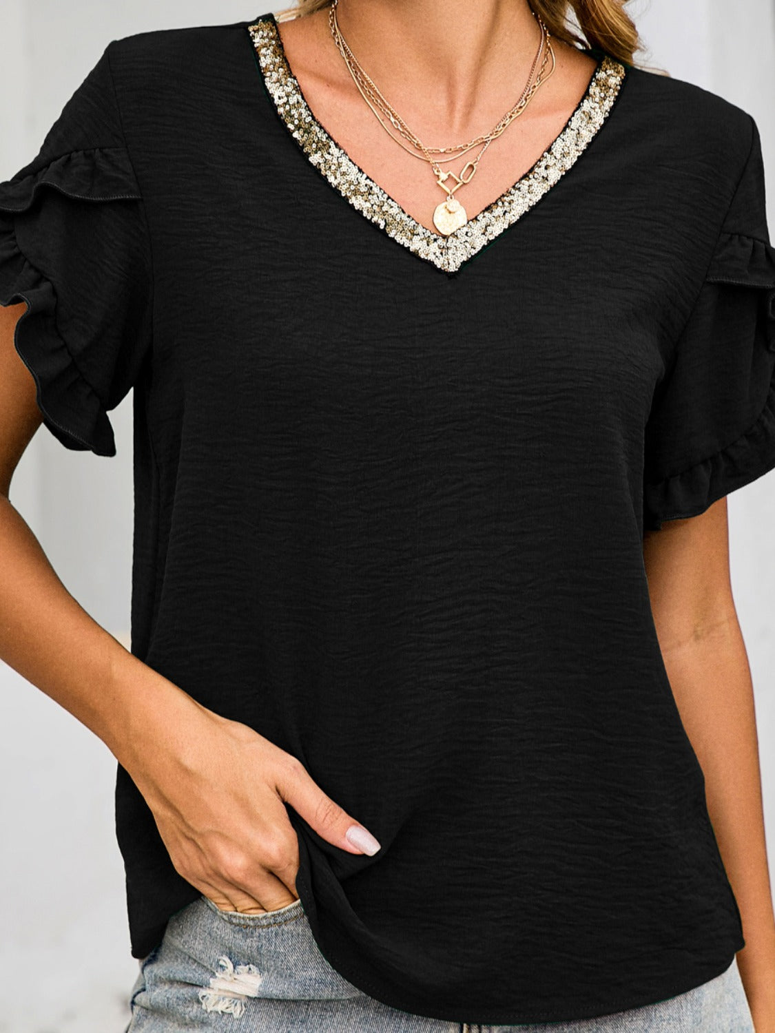 Ruffled V-Neck Short Sleeve Blouse - Scarlett's Riverside Boutique 