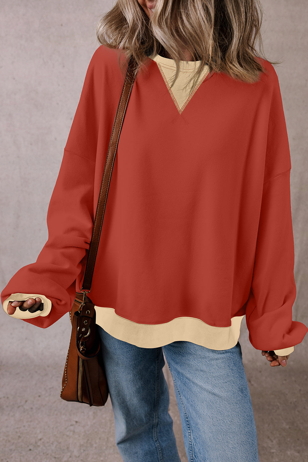 Red Clay Color Block Patch Drop Shoulder Oversized Sweatshirt - Scarlett's Riverside Boutique 