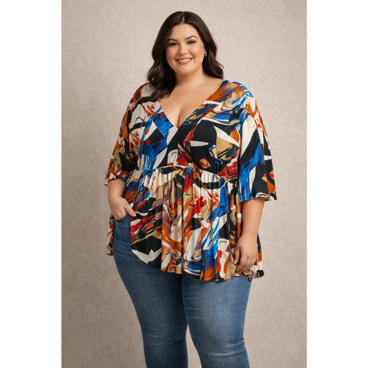 Scarlett’s Boutique NWT 3XL Plus SzAbstract Print V-Neck Babydoll Tunic Top #G37