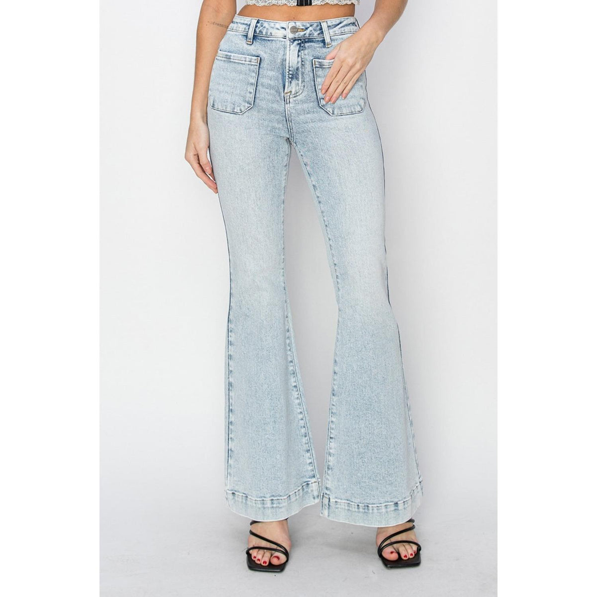 Risen Full Size High Rise Front Patch Pocket Flare Jeans Tummy Control Bootcut Jeans High-Rise Bootcut Denim Bottoms
