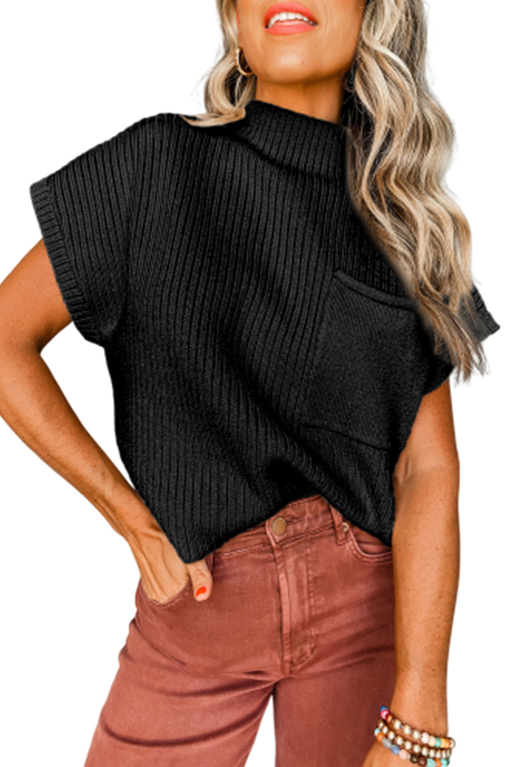 Black Patch Pocket Ribbed Knit Short Sleeve Sweater - Scarlett's Riverside Boutique 