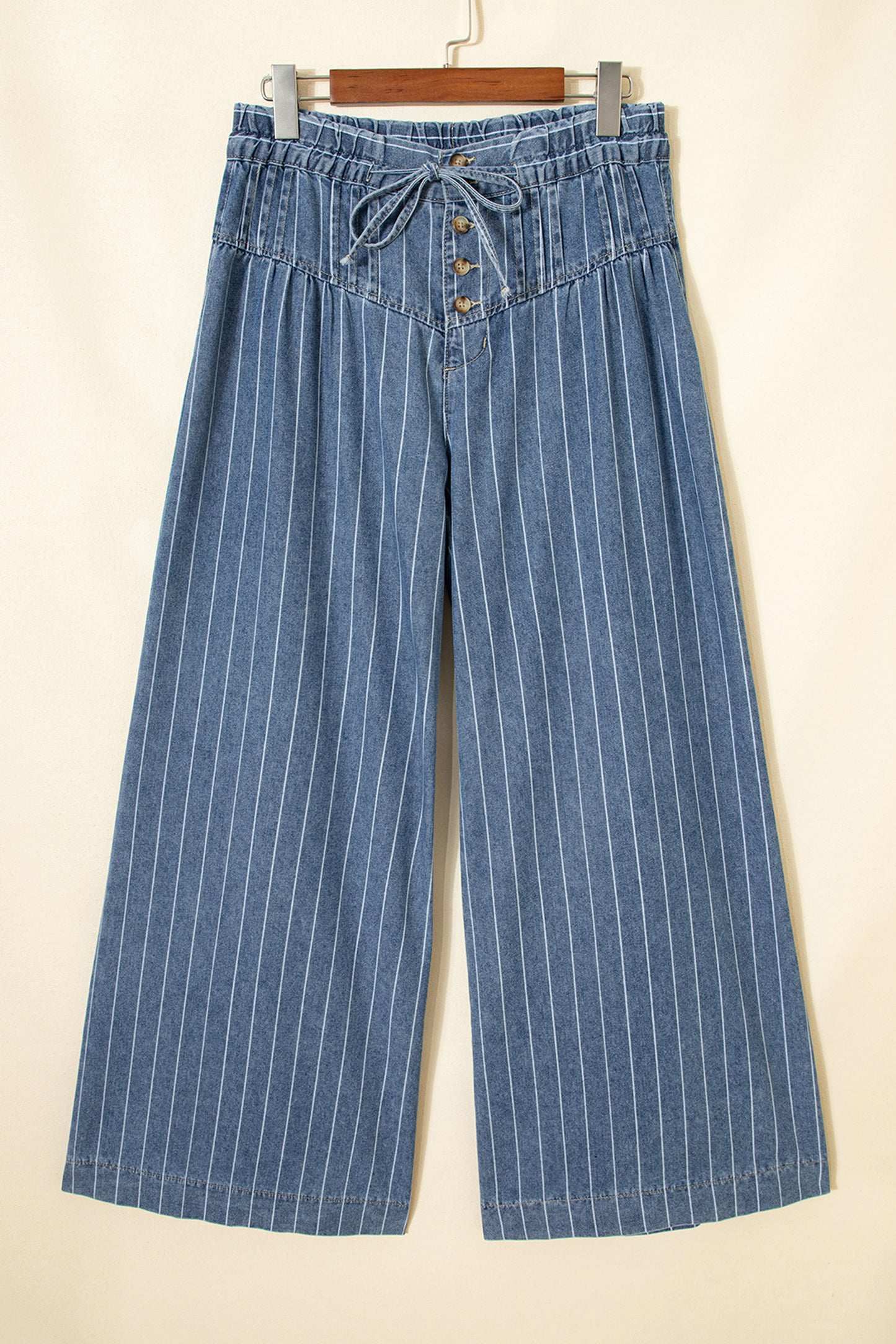 Blue Stripe Pleated Drawstring Casual Wide Leg Jeans. Boho pants