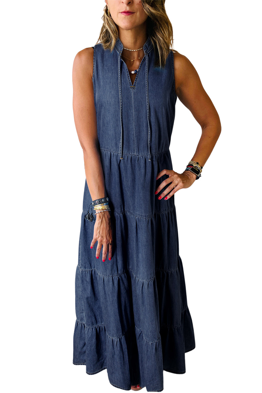 Real Teal Sleeveless Tiered Chambray Maxi Dress - Scarlett's Riverside Boutique 