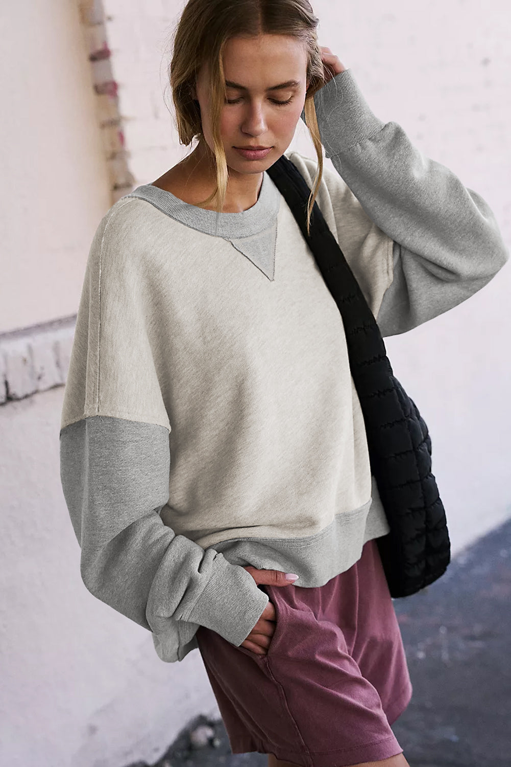 Light Grey Color Block Thumbhole Sleeve Drop Shoulder Sweatshirt - Scarlett's Riverside Boutique 