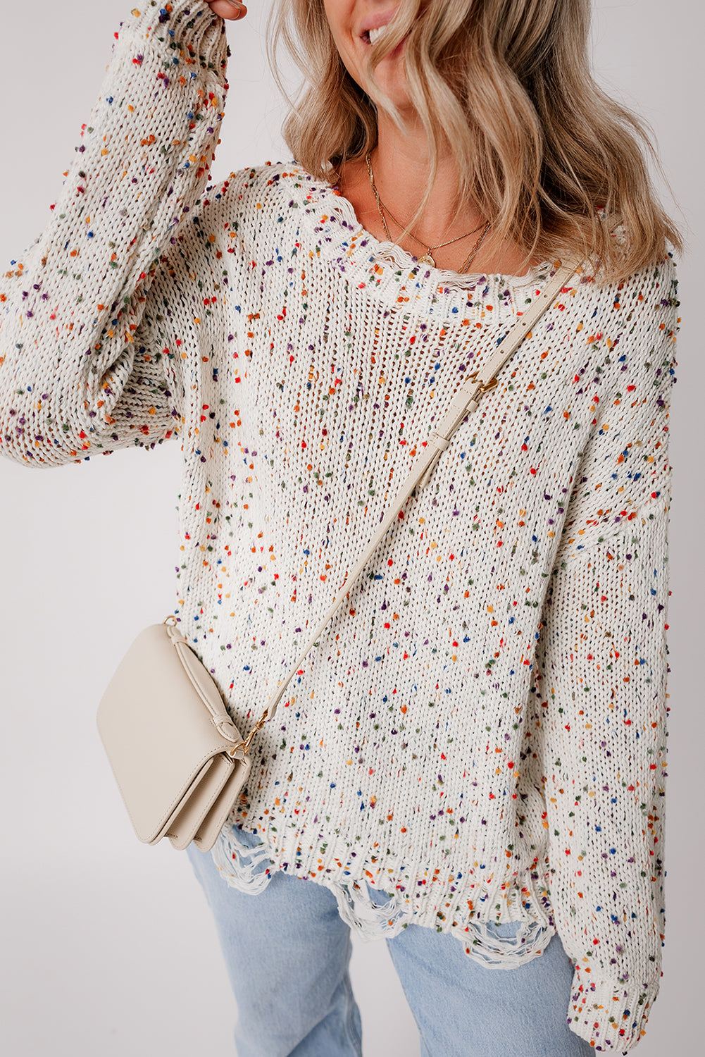 White Colorful Confetti Distressed Knit Sweater - Scarlett's Riverside Boutique 