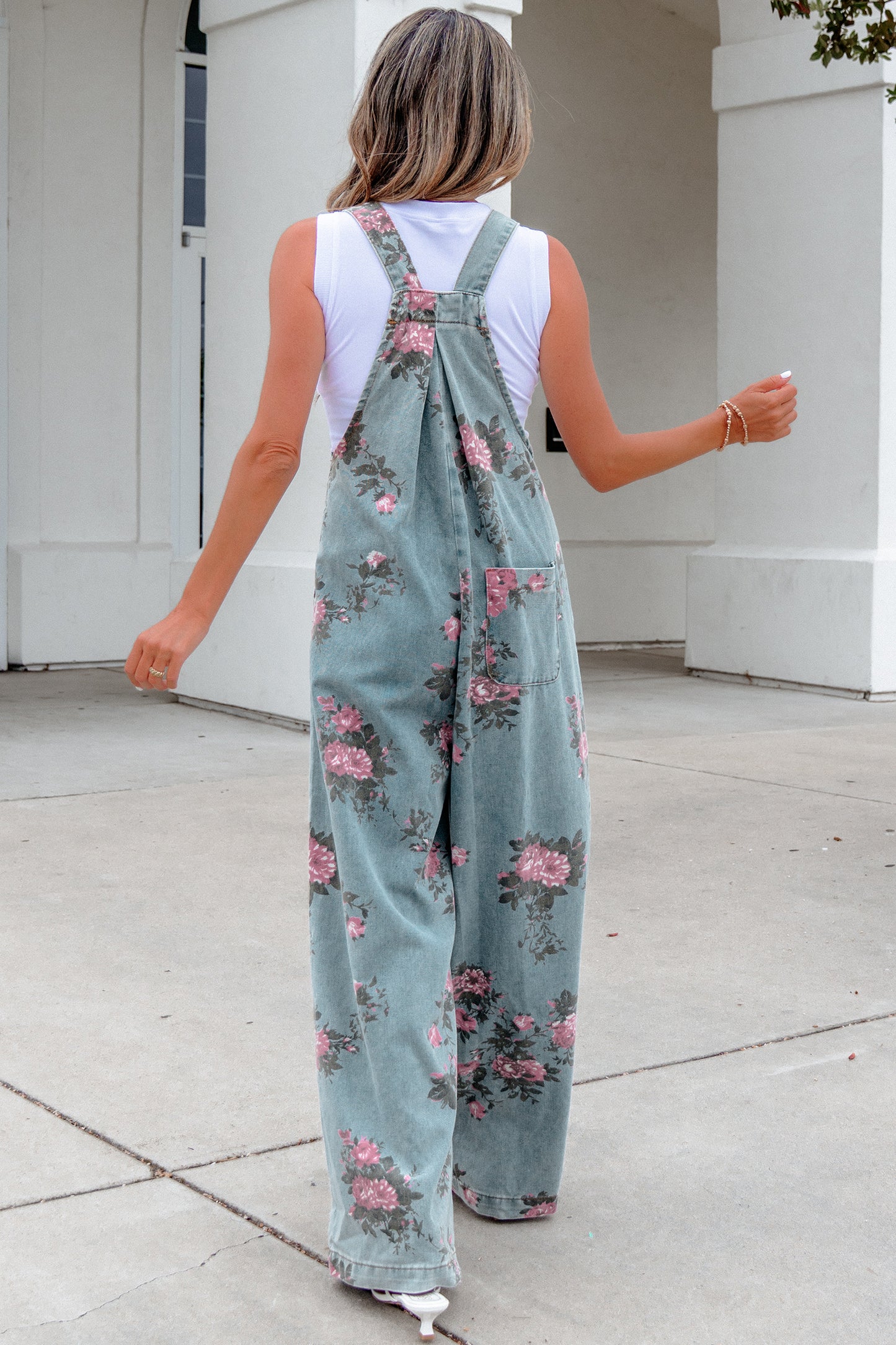 Beau Blue Floral Denim Jumpsuit Wide Leg Pleated Sleeveless Boho Overalls