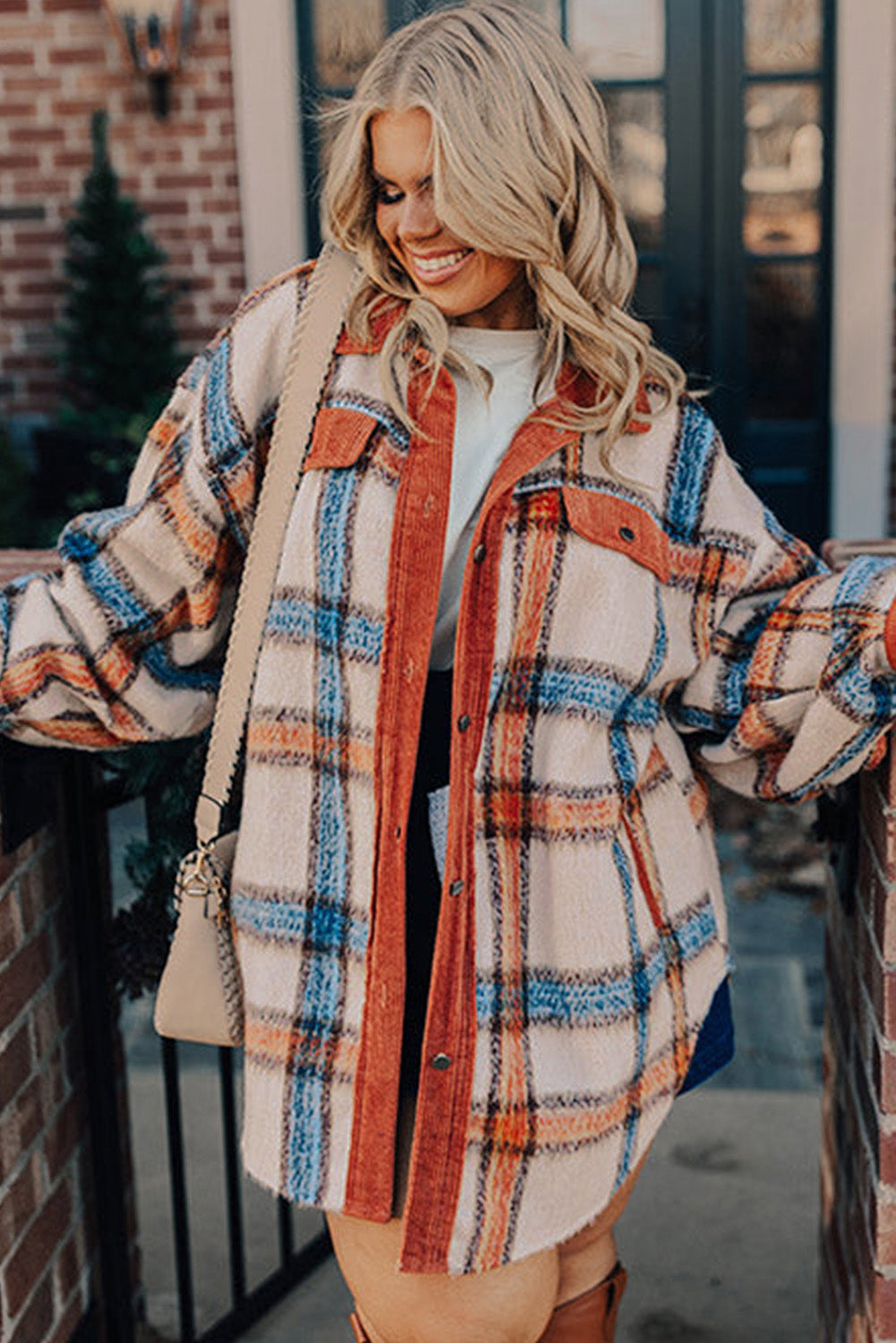 Brown Stripe Plus Size Plaid Print Collared Buttoned Jacket - Scarlett's Riverside Boutique 