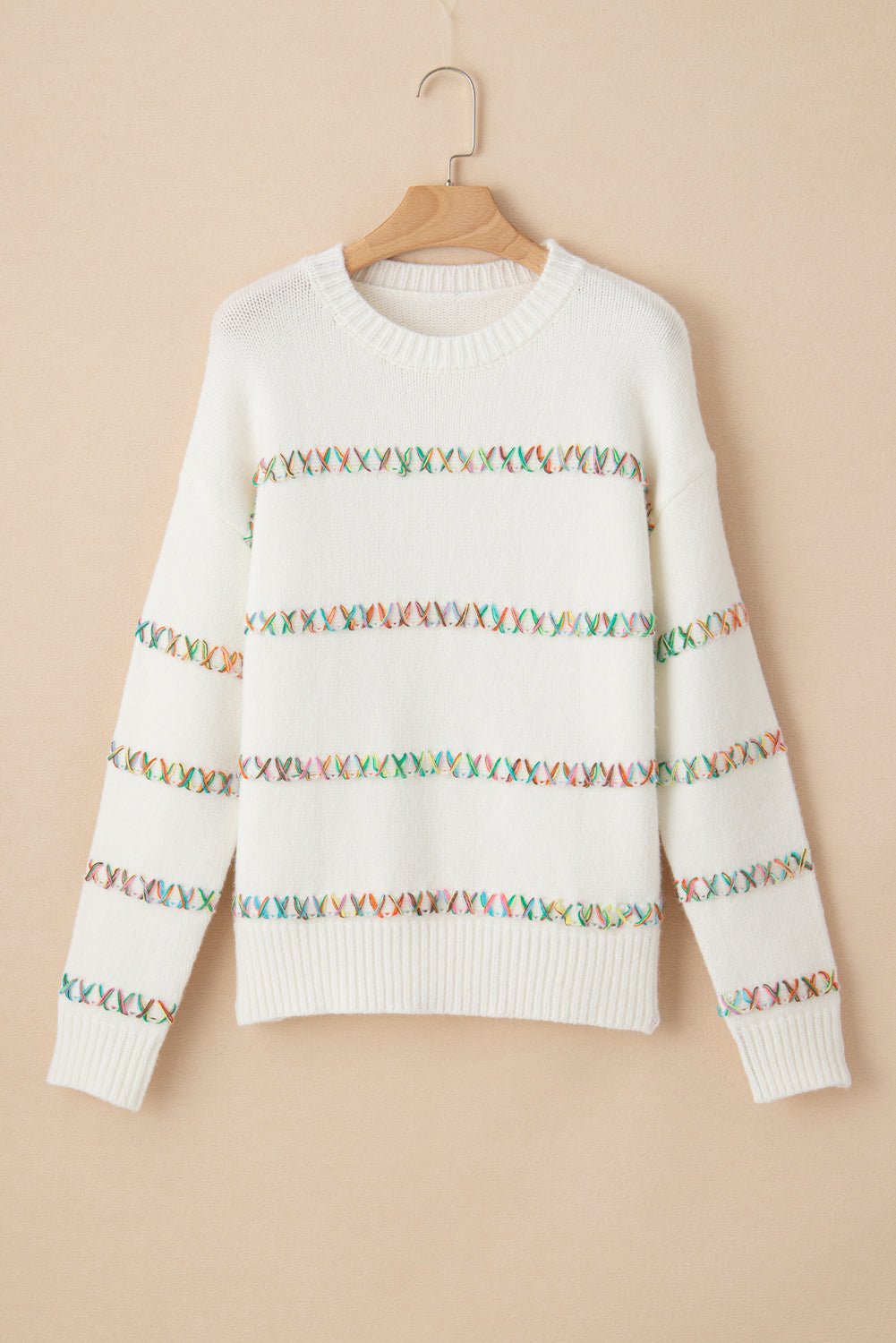 White Colorful Crossed Stitch Drop Shoulder Sweater - Scarlett's Riverside Boutique 