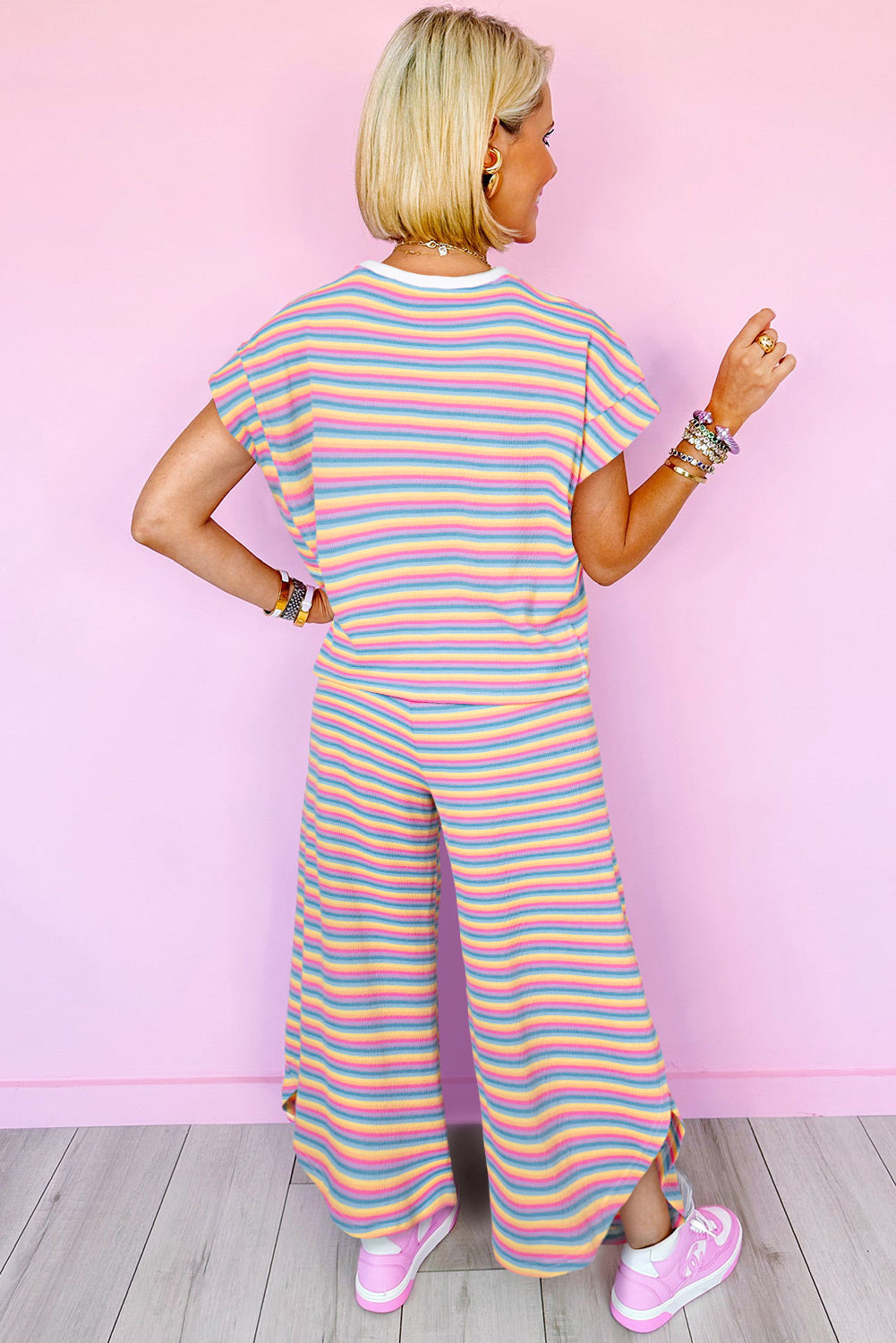 Pink Stripe Rainbow Tee Tasseled String Wide Leg Pants Set - Scarlett's Riverside Boutique 