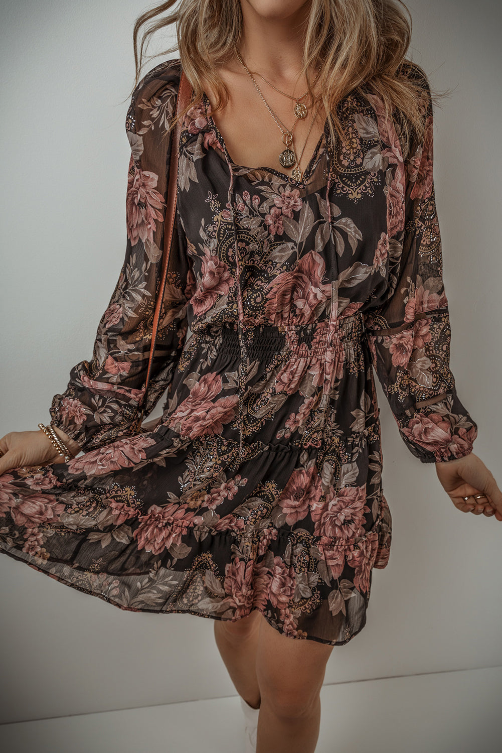 Black Vintage Floral Puff Sleeve V Neck Smock Waist Dress - Scarlett's Riverside Boutique 