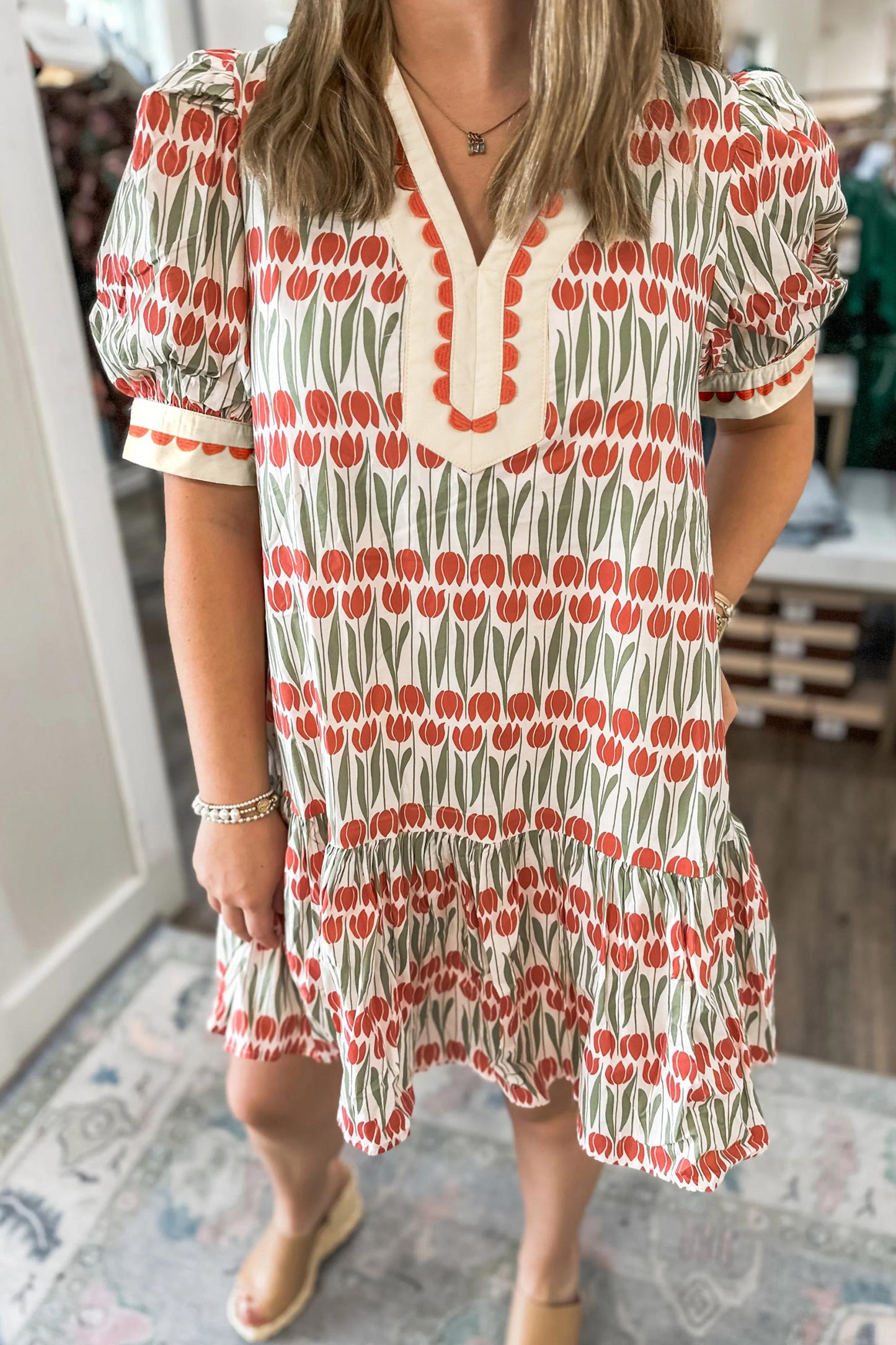 White Tulip Floral Print Cotton Mini Dress Womens Puff Short Sleeve V Neck Spring Dress