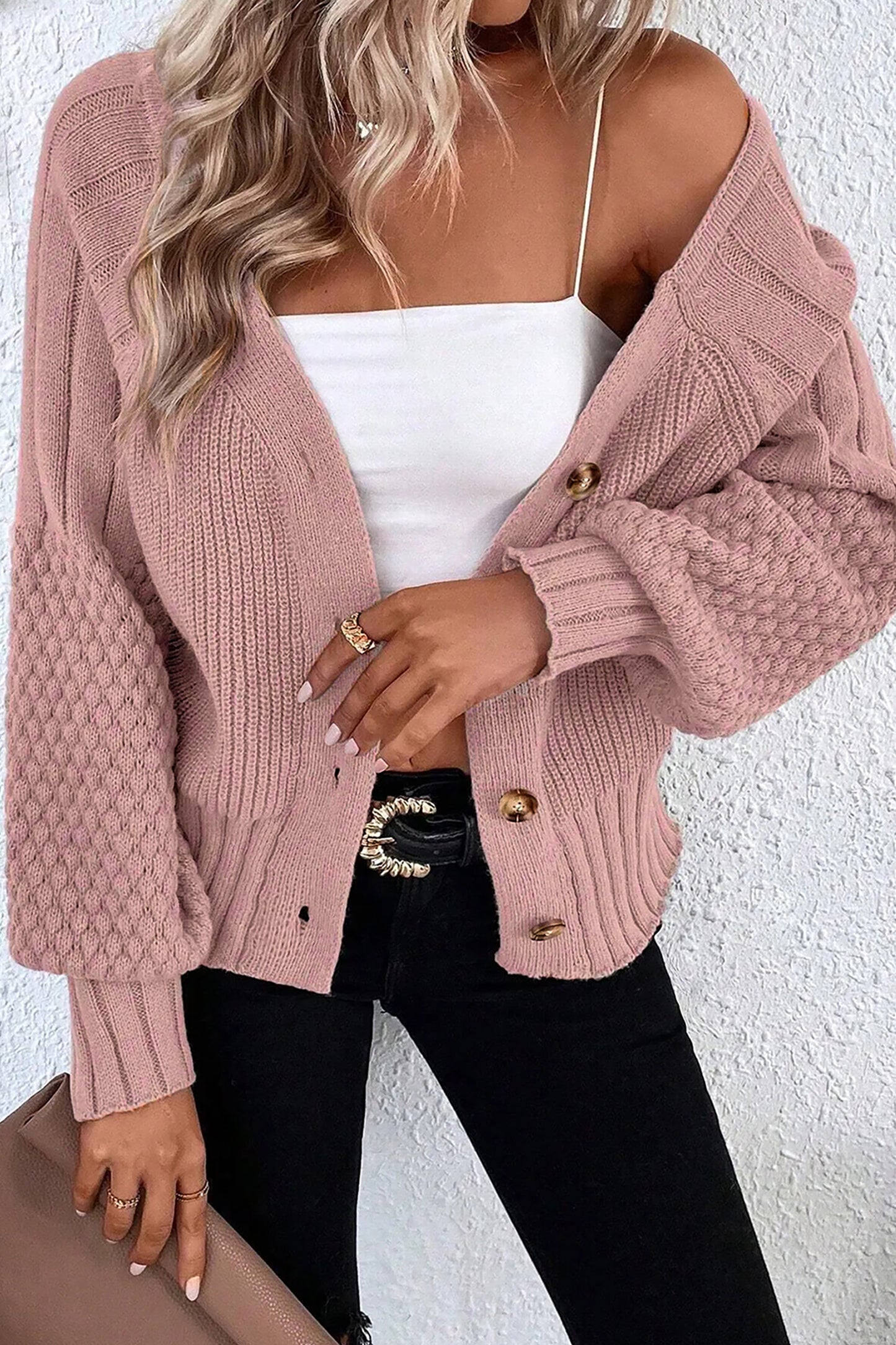Soft Taupe Balloon-Sleeve Button Cardigan ✨