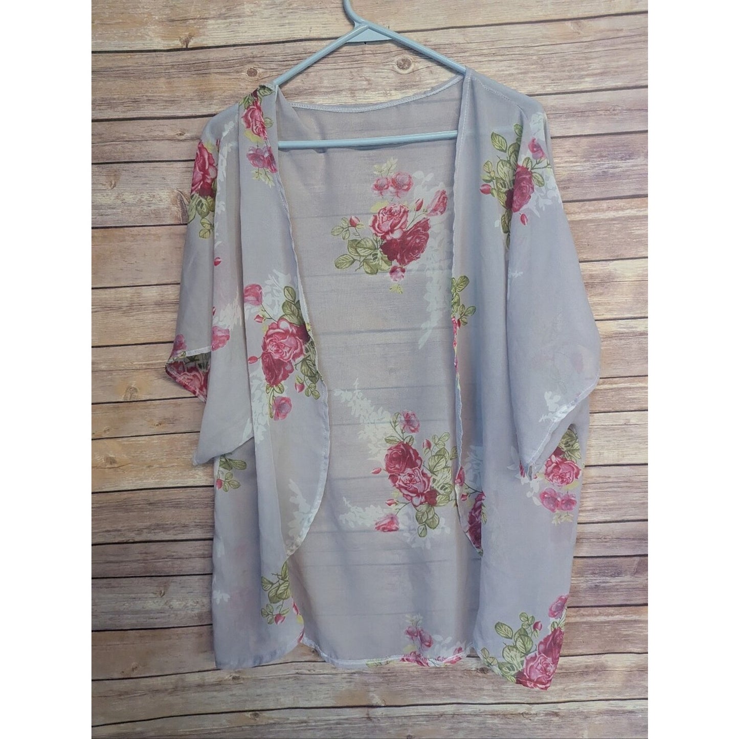 Floral Sheer Kimono Cardigan Women’s Small Gray Rose Open Front Lightweight