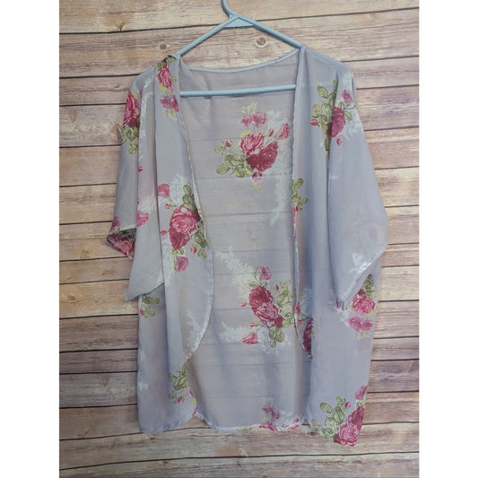 Floral Sheer Kimono Cardigan Women’s Small Gray Rose Open Front Lightweight