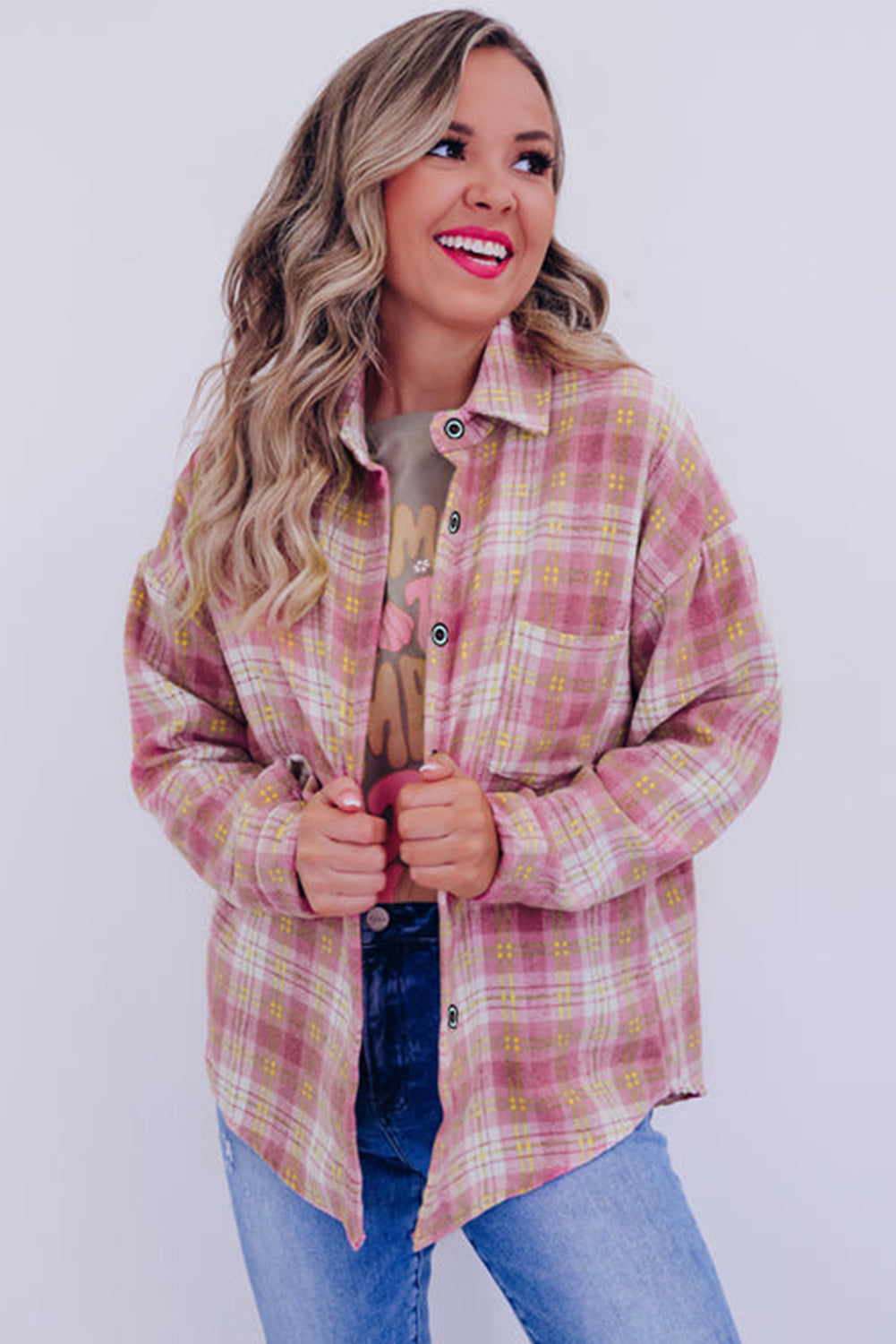 Pink Plaid Print Chest Pocket Long Sleeve Shacket - Scarlett's Riverside Boutique 