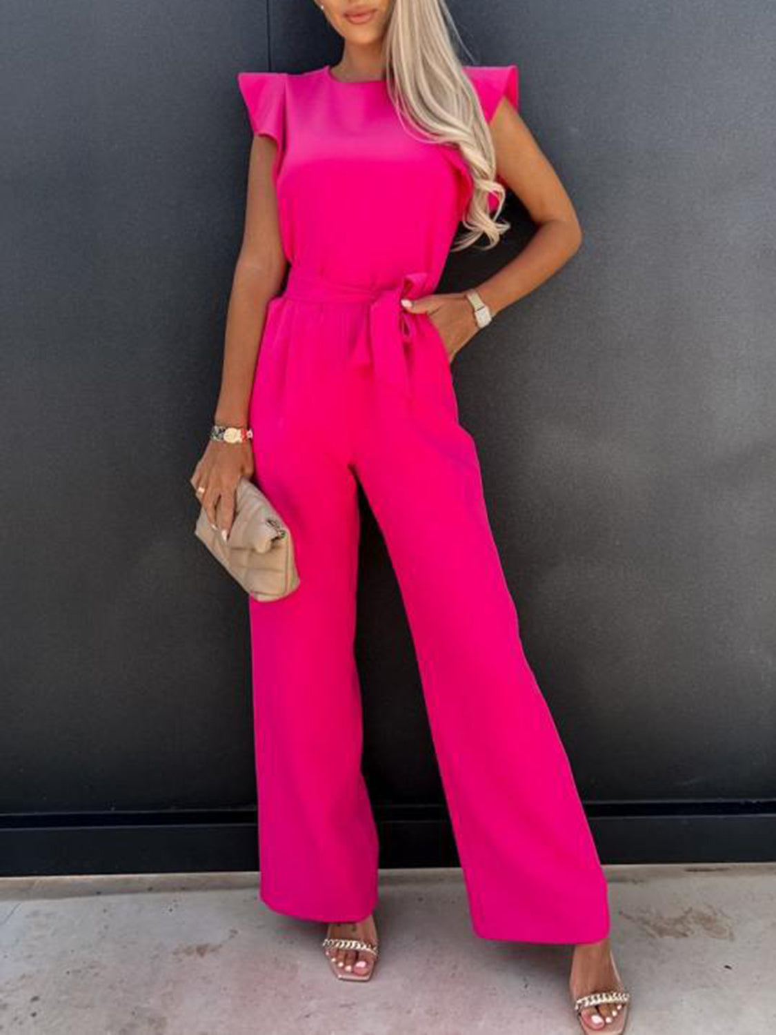 Ruffled Round Neck Cap Sleeve Jumpsuit - Scarlett's Riverside Boutique 