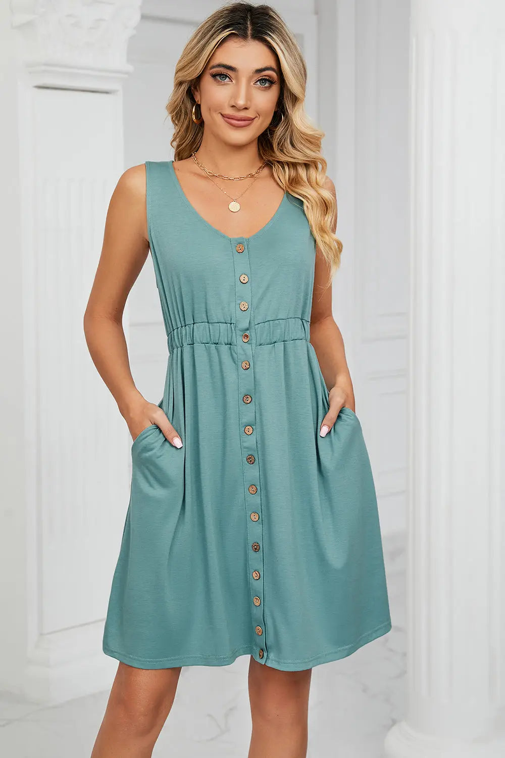 Buttoned Wide Strap Mini Dress - Scarlett's Riverside Boutique 