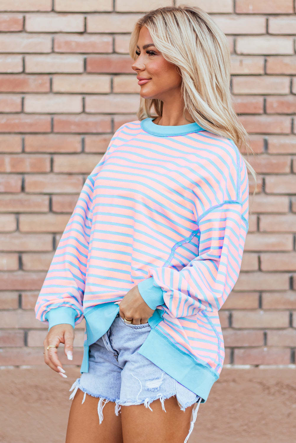 Pink Stripe Contrast Trim High Low Pullover Tunic Sweatshirt - Scarlett's Riverside Boutique 