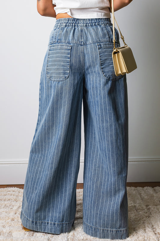 Blue Stripe Pleated Drawstring Casual Wide Leg Jeans. Boho pants