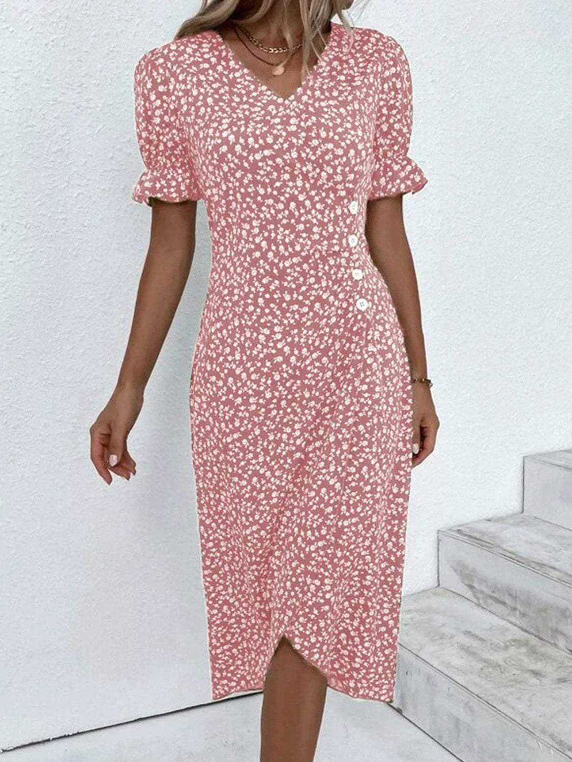 Full Size Printed Surplice Flounce Sleeve Midi Dress - Scarlett's Riverside Boutique 