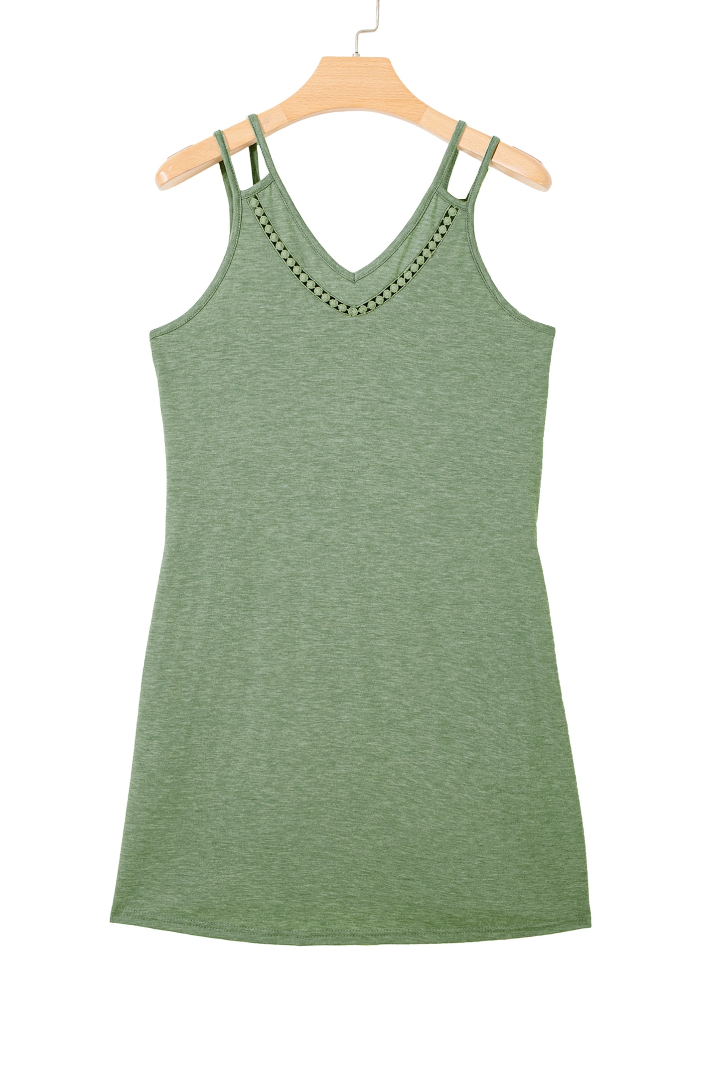 Grass Green Solid Color Lace Detail V Neck Sleeveless Shift Mini Dress