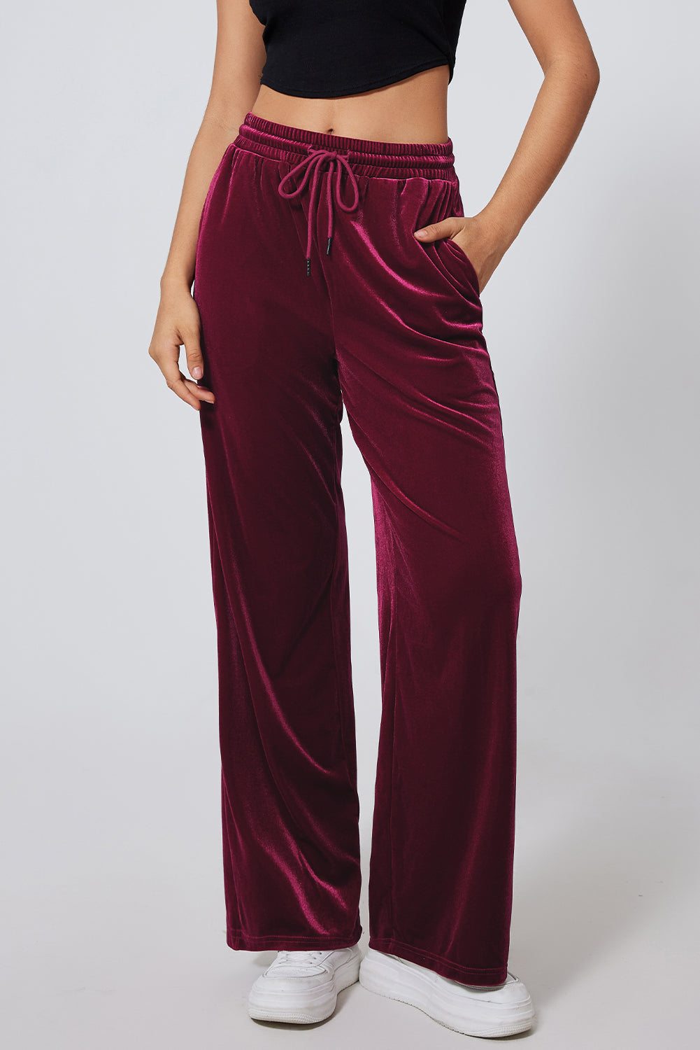 Burgundy Solid Drawstring Waist Wide Leg Pants - Scarlett's Riverside Boutique 